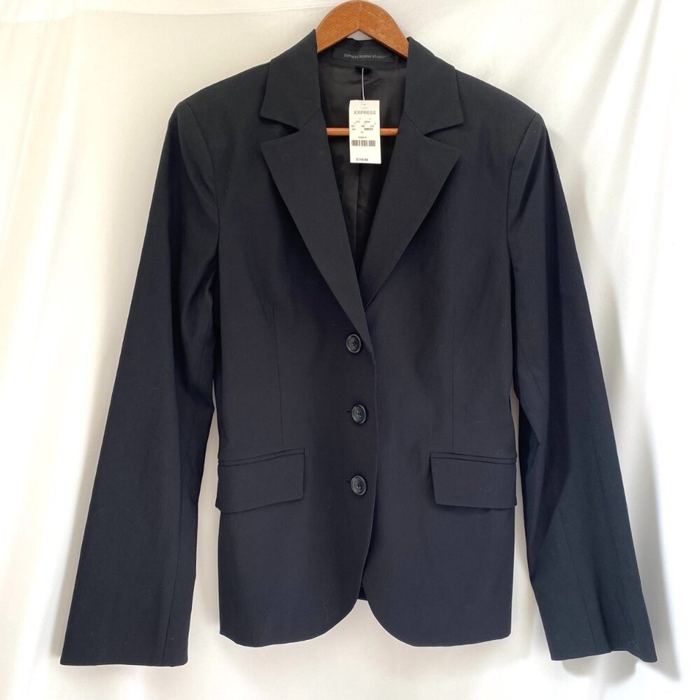 NWT EXPRESS Fitted Blazer Jacket SZ 10 Black Notch Collar 3 Button Office Career